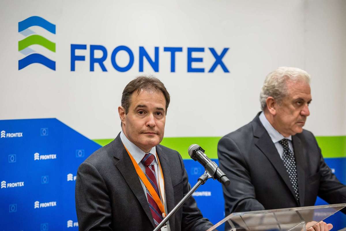 EU Commissioner Dimitris Avramopoulos (R) and Fabrice Leggeri (L), head of European border control agency Frontex are seen during a press conferance in Warsaw, on May 21, 2015. AFP PHOTO / WOJTEK RADWANSKI